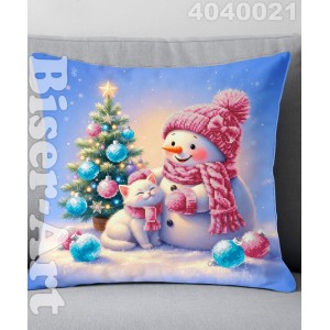 4040021 Сніговик з котиком новорічний (наволочка+подушка) для вишивки