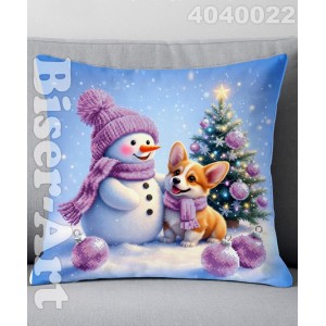 4040022 Сніговик з песиком новорічний (наволочка+подушка) для вишивки