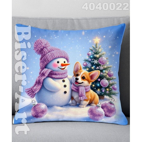 4040022 Сніговик з песиком новорічний (наволочка+подушка) для вишивки